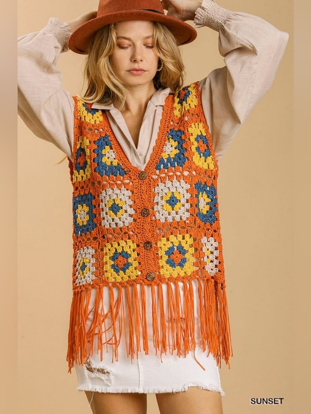 Umgee Orange Crochet Fringe Vest with Multicolor Squares L NWT - Picture 1 of 11
